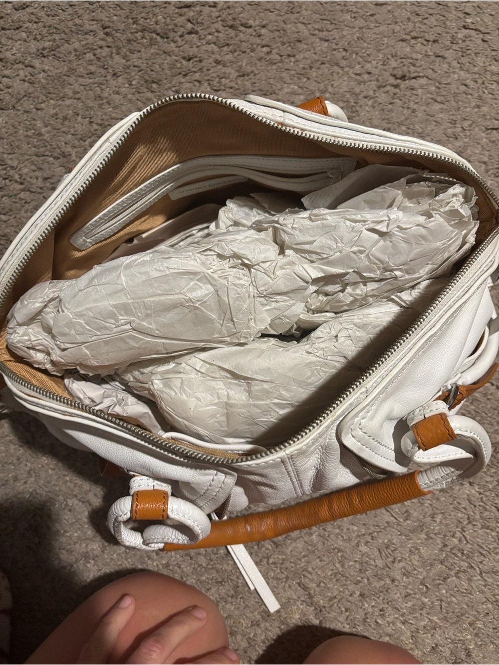 Sondra Roberts White with Tan trim Leather Satchel Handbag. - Picture 7 of 14